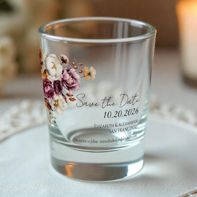 Burgundy Floral Arch Fall Wedding Shot Glass (Creator Uploaded)