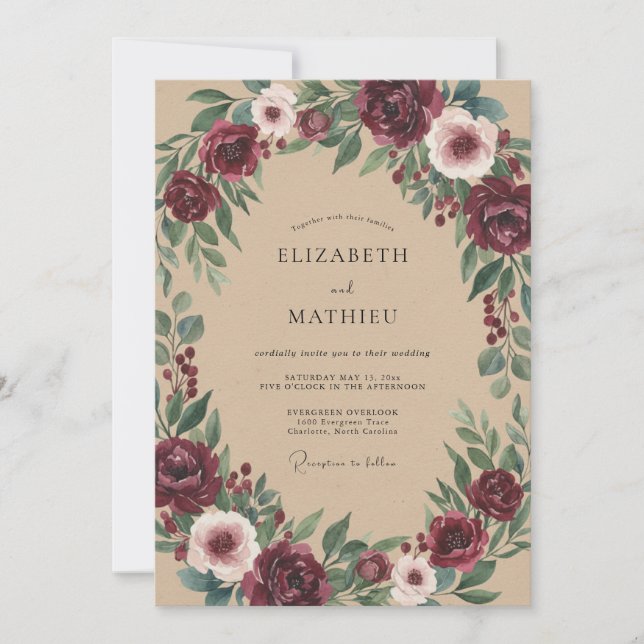 Burgundy Floral Arch Romance Wedding Invitation (Front)
