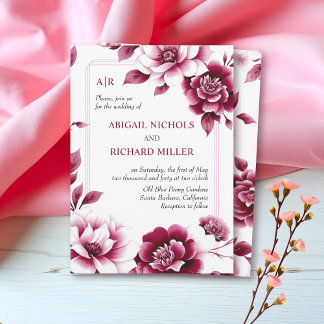 Burgundy floral arrangement, triple border wedding invitation