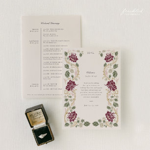 Burgundy Floral Art Nouveau Wedding Itinerary Invitation