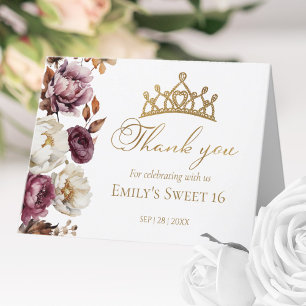 Burgundy Floral Autumn Arch Sweet 16 Letterpress Thank You Card
