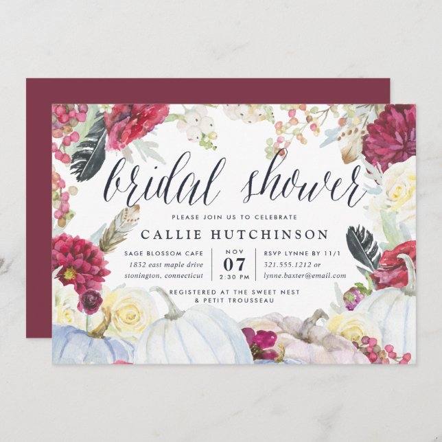 Burgundy Floral & Autumn Pumpkin Bridal Shower Invitation (Front/Back)