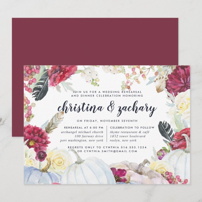 Burgundy Floral & Autumn Pumpkin Rehearsal Dinner Invitation (Front/Back)