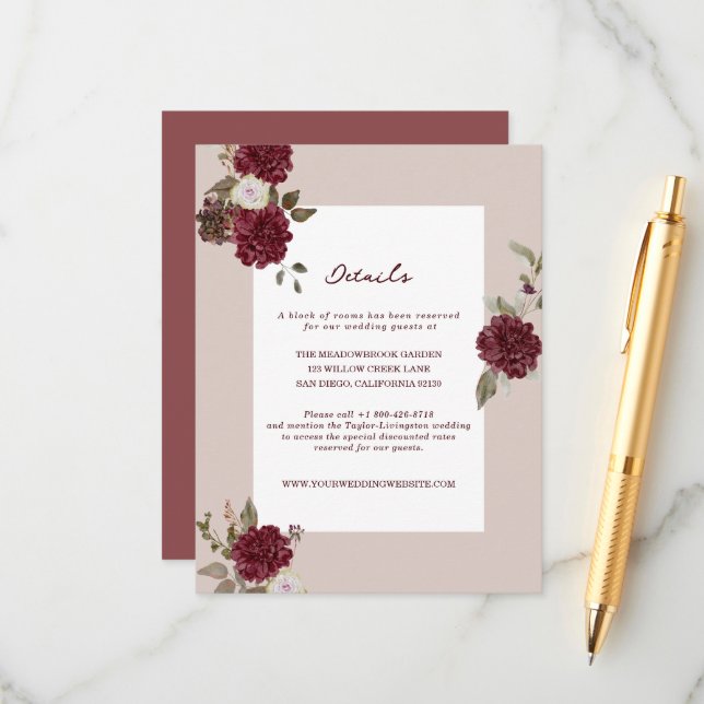Burgundy Floral Autumn Wedding Details Card (Front/Back In Situ)
