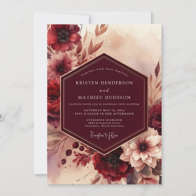 Burgundy Floral Autumn Wedding Invitation (Front)
