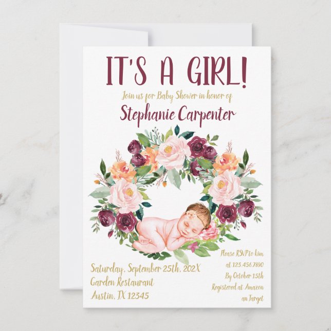 Burgundy Floral Baby Girl Invitation (Front)