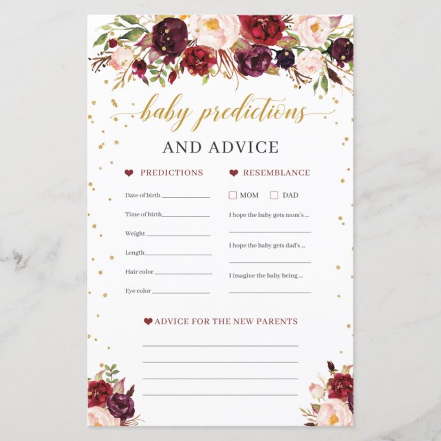 Burgundy floral baby predictions and advice game (Front)