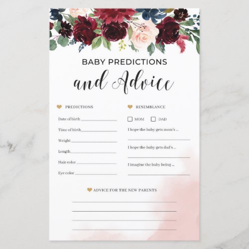 Burgundy floral baby predictions and advice game