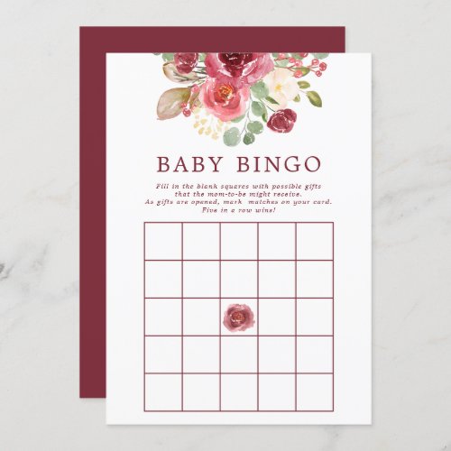 Burgundy Floral Baby Shower Bingo Game Invitation