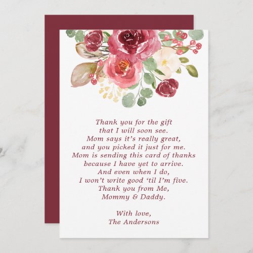 Burgundy Floral Baby Shower Thank You Card