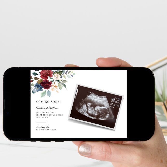 Burgundy Floral Baby Sonogram Pregnancy Announcement (Front Digital)