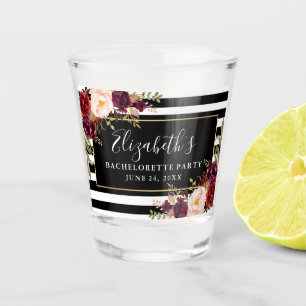 Burgundy Floral Bachelorette Party Striped Shot Glass