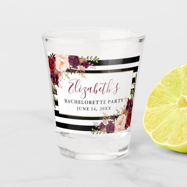 Burgundy Floral Bachelorette Party Striped Shot Glass (Front)