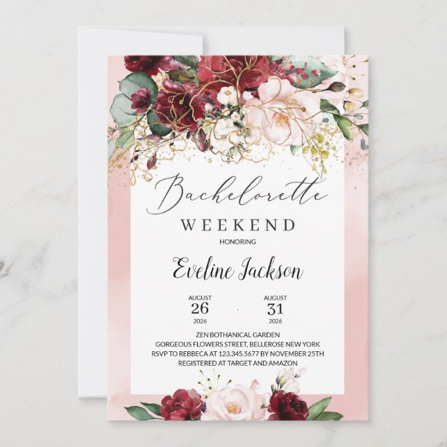 Burgundy Floral Bachelorette Weekend Invitation (Front)