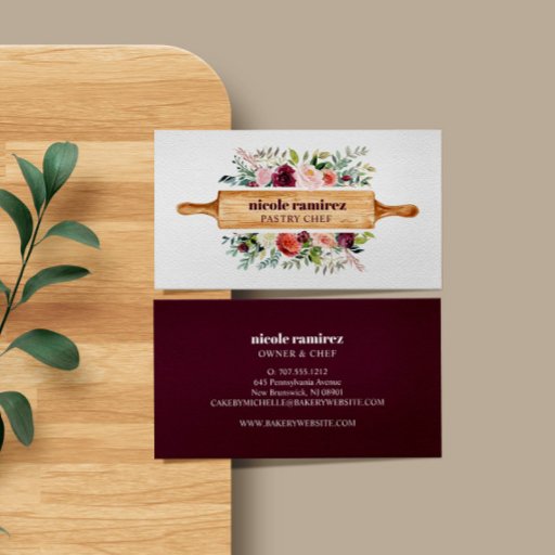 Customizable Burgundy  Floral Bakery Rolling Pin Patisserie Business Card