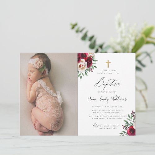 Burgundy Floral Baptism Invitation With Photo