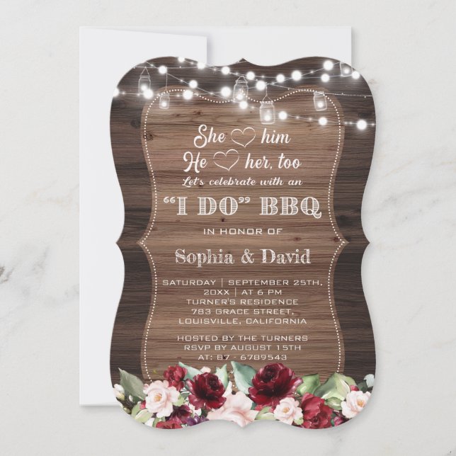 Burgundy Floral Barn Mason Jars Lights Engagement Invitation (Front)