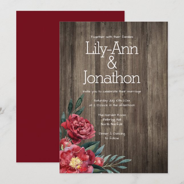 Burgundy Floral Barn Wood Rustic Wedding Invitation (Front/Back)