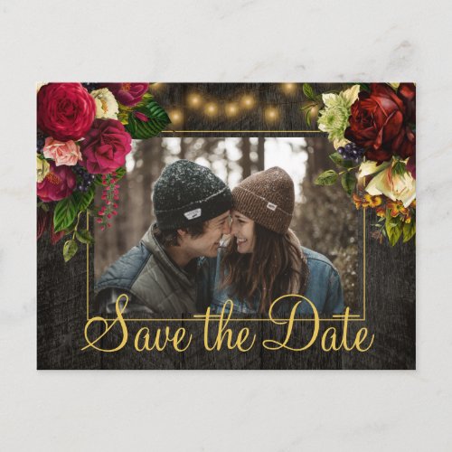 Burgundy floral barn wood save the date wedding announcement postcard