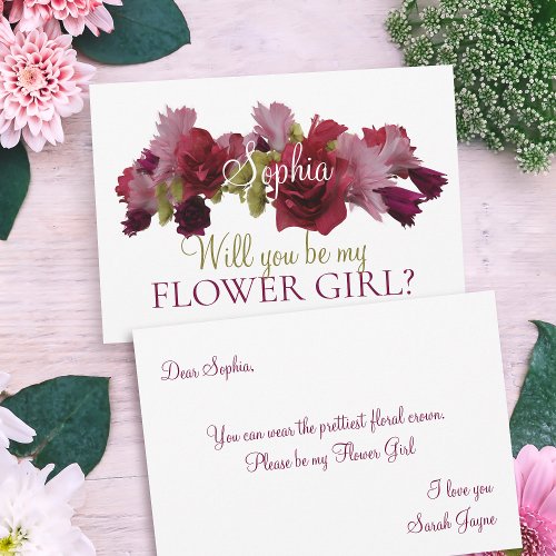 Burgundy Floral Be My Flower Girl Bridesmaid Invitation