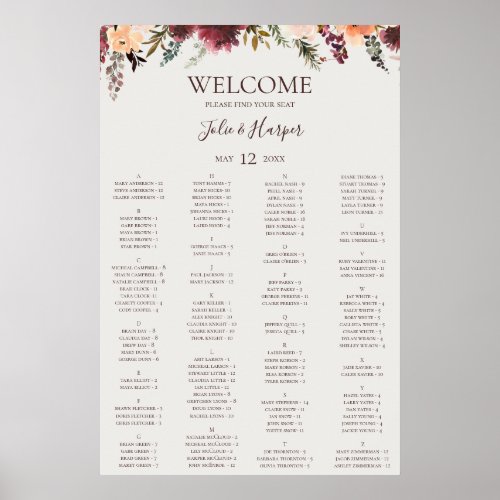 Burgundy Floral  Beige Alphabetical Seating Chart