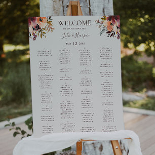 Burgundy Floral   Beige Alphabetical Seating Chart Foam Board