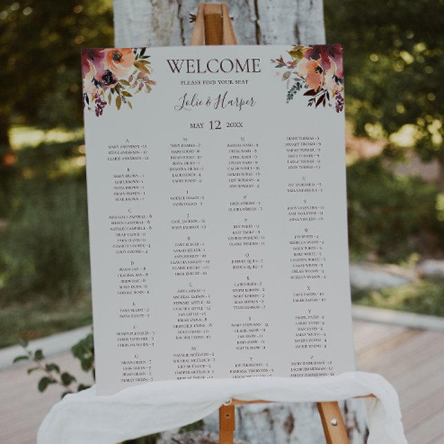 Burgundy Floral | Beige Alphabetical Seating Chart Foam Board (Creator Uploaded)