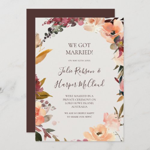 Burgundy Floral  Beige Elopement Announcement