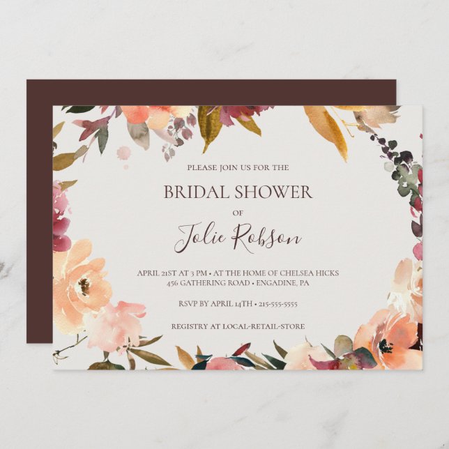 Burgundy Floral | Beige Horizontal Bridal Shower Invitation (Front/Back)