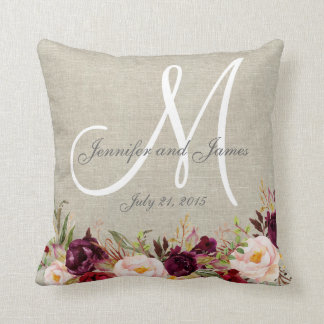 Burgundy Floral Beige Linen Monogram Wedding Throw Pillow