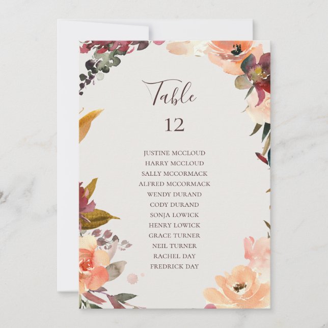 Burgundy Floral | Beige Table Number Seating Chart (Front)