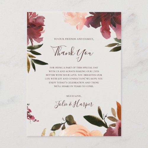 Burgundy Floral  Beige Thank You Reception Card