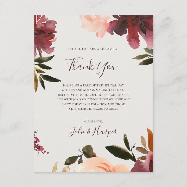 Burgundy Floral | Beige Thank You Reception Card (Front)