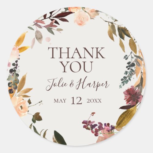 Burgundy Floral  Beige Thank You Wedding Favor Classic Round Sticker