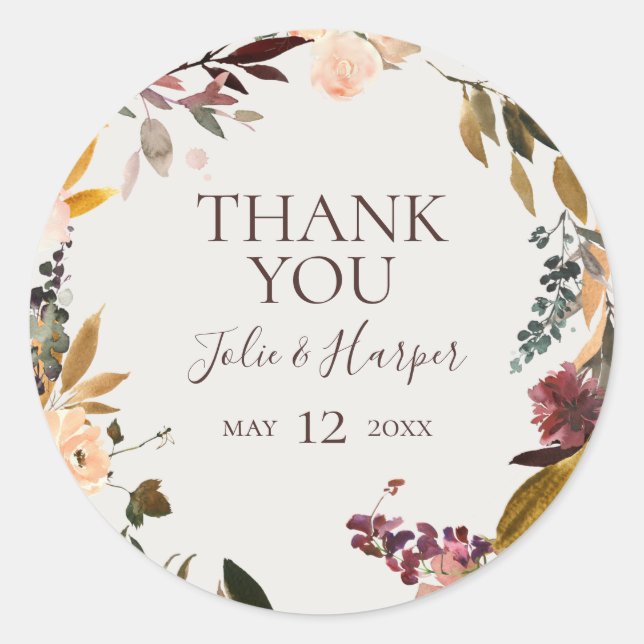 Burgundy Floral | Beige Thank You Wedding Favor Classic Round Sticker (Front)