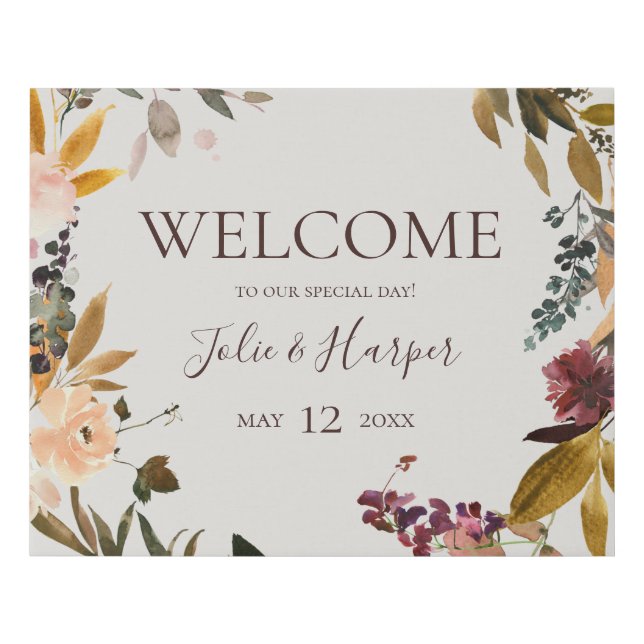 Burgundy Floral | Beige Welcome Faux Canvas Print (Front)