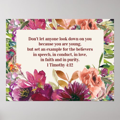 Burgundy Floral Bible Verse Timothy Youth Poster