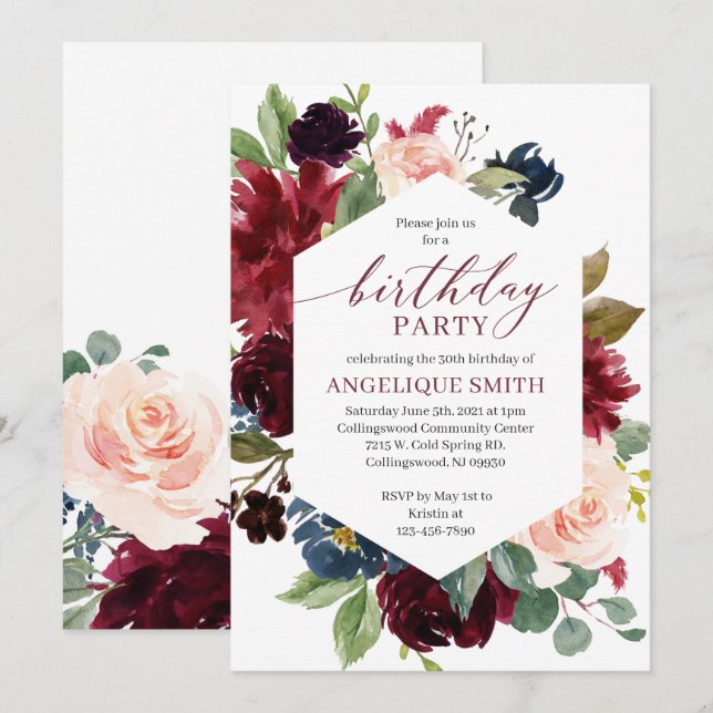 Burgundy Floral Birthday Invitation Adult (Front/Back)