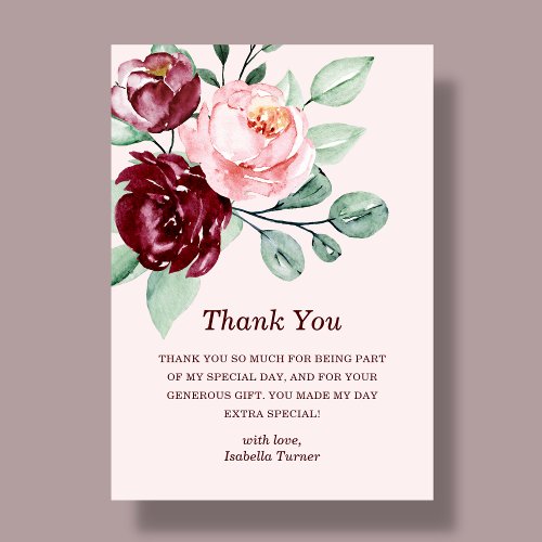 Burgundy Floral  Birthday Thank You Card