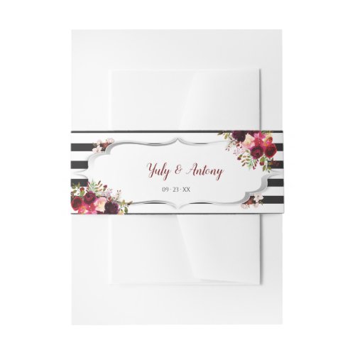 Burgundy Floral Black and White Stripes Invitation Belly Band