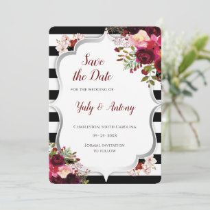 Burgundy Floral Black and White Stripes Save The Date