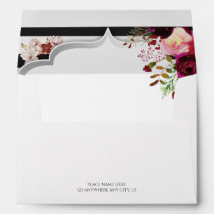 Burgundy Floral Black and White Stripes Wedding Envelope