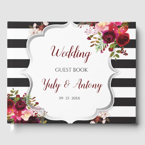 Burgundy Floral Black and White Stripes Wedding Guest Book