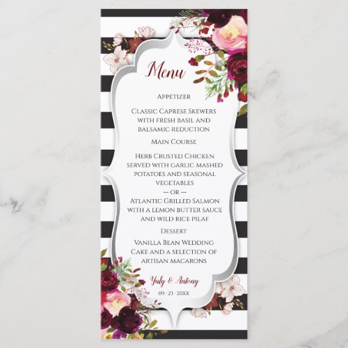 Burgundy Floral Black and White Wedding Menu