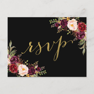 Burgundy Floral Black Faux Gold Foil Wedding RSVP Invitation Postcard