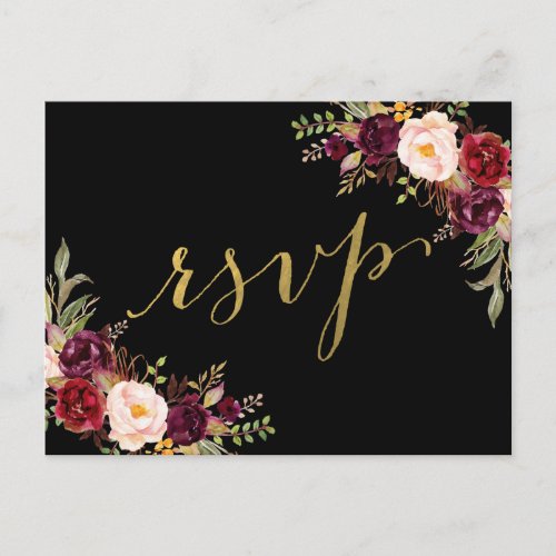 Burgundy Floral Black Faux Gold Foil Wedding RSVP Invitation Postcard