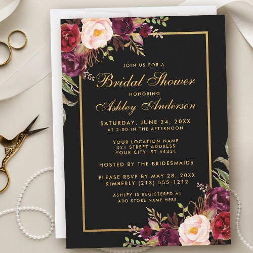 Burgundy Floral Black Gold Bridal Shower Invitation