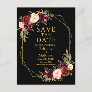 Burgundy Floral Black Gold Geo Frame Save the Date Postcard