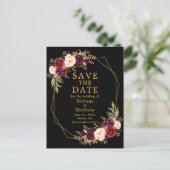 Burgundy Floral Black Gold Geo Frame Save the Date Postcard (Standing Front)
