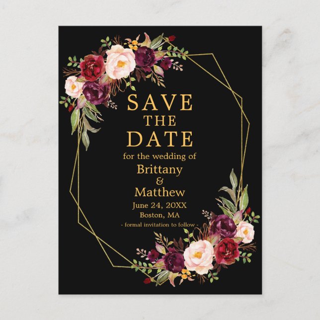 Burgundy Floral Black Gold Geo Frame Save the Date Postcard (Front)